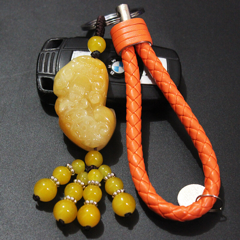 點繽 大眾高檔瑪瑙玉貔貅汽車鑰匙扣掛件創意男女士腰掛新帕薩特邁騰朗逸凌度途觀桑塔納速騰寶來 黃玉石霸王貔貅+皮革編織繩